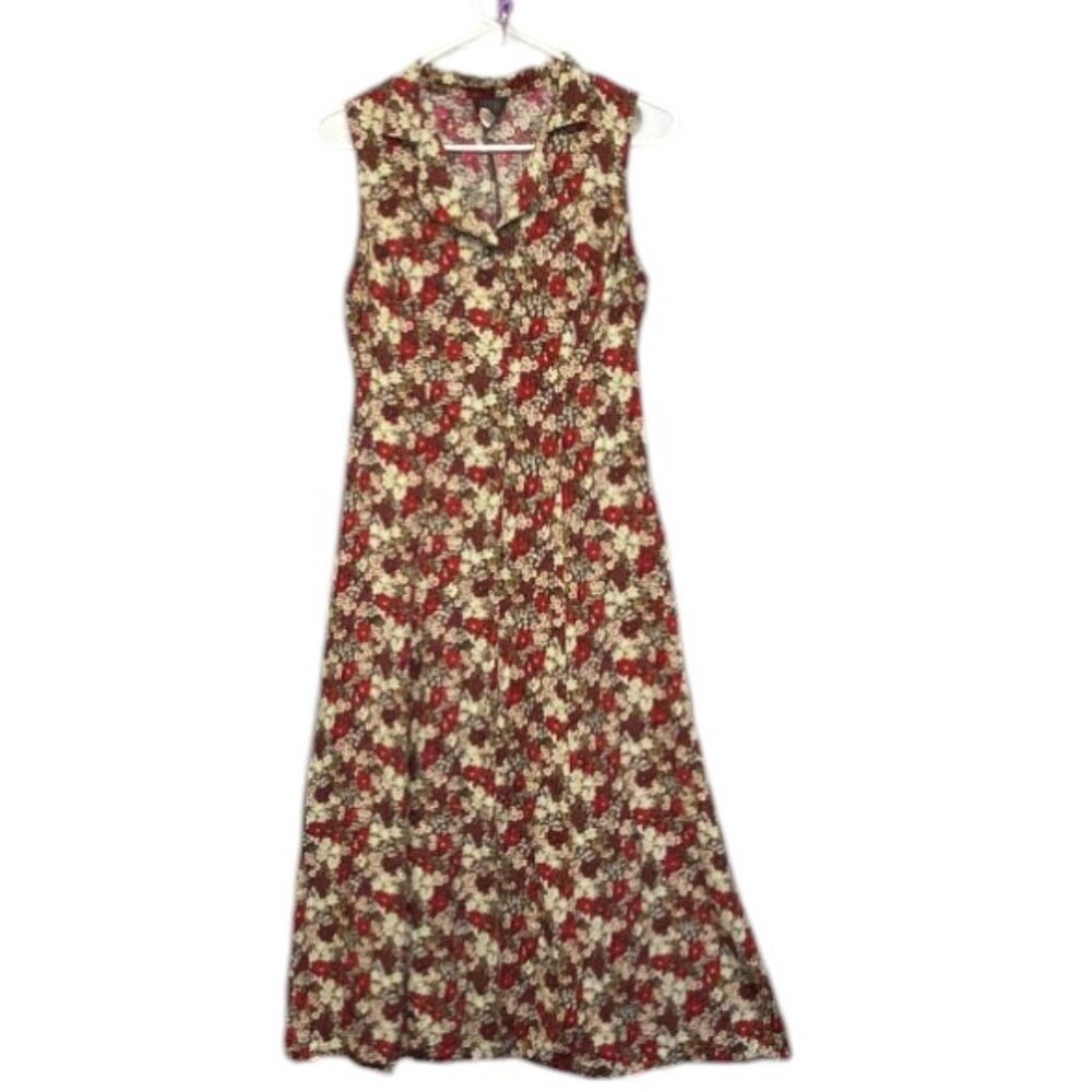 Vintage Teddi Button Front Tie-Back Ankle Dress Black/Red 8 Sleeveless Collared